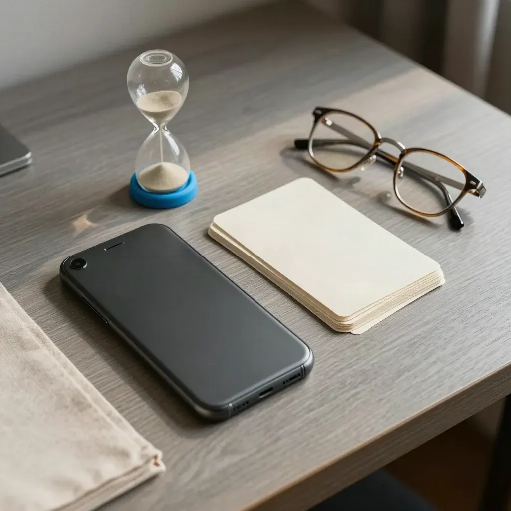Top-down study reset with phone, sand timer, cards, and folded glasses on a calm desk.