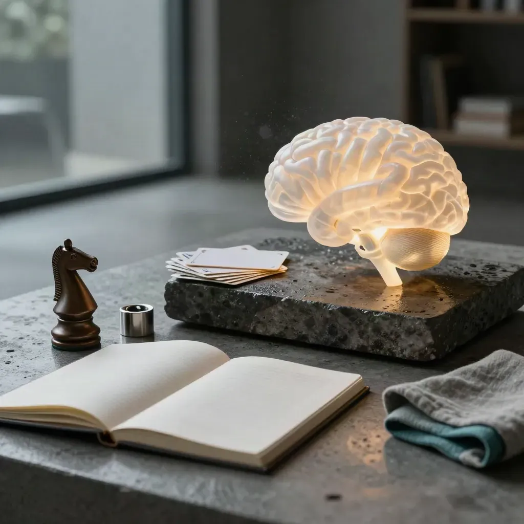Translucent brain sculpture with flashcards, notebook, chess knight and moody study light.