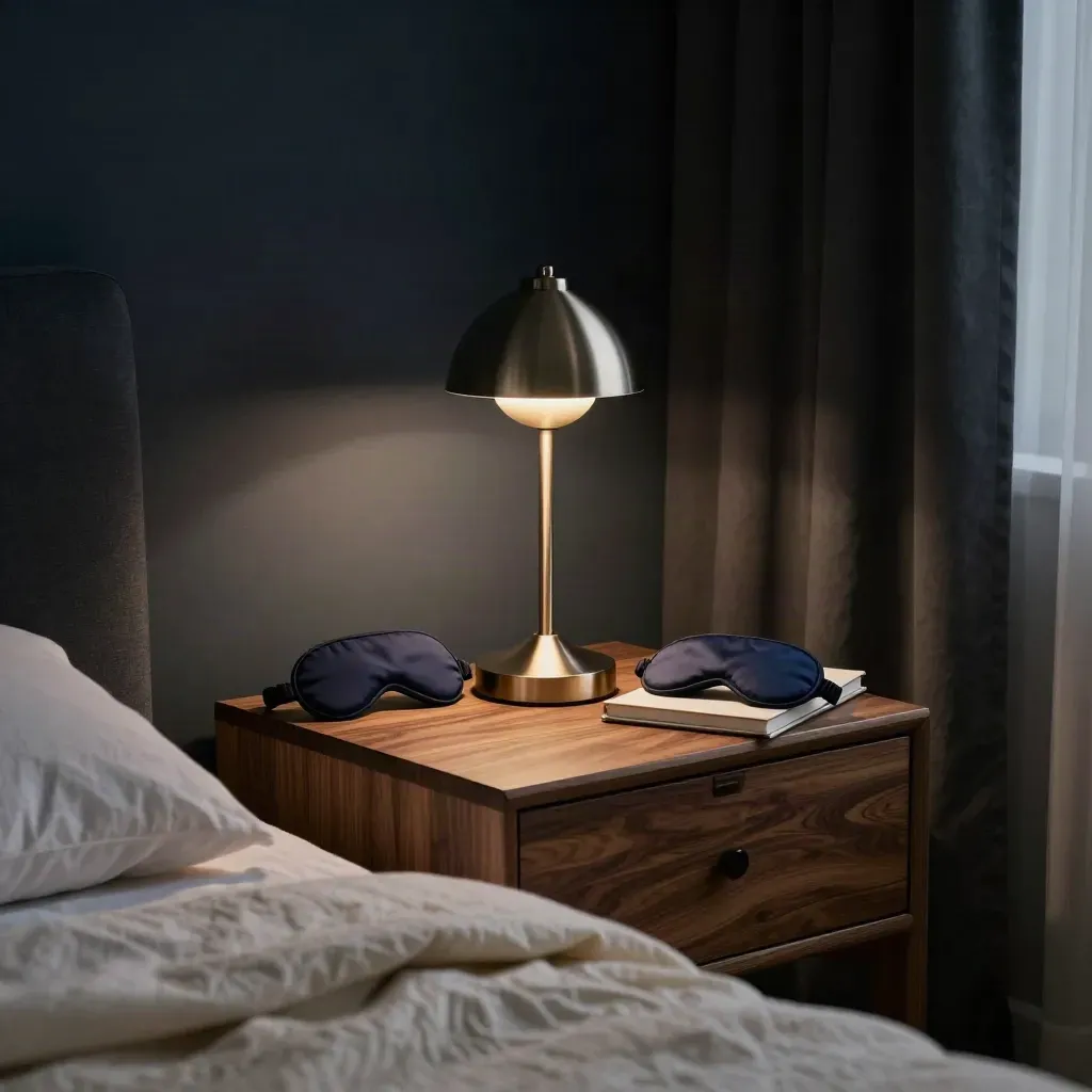 Bedside lamp, sleep mask, blanket, curtains and shut notebook in a midnight bedroom scene.