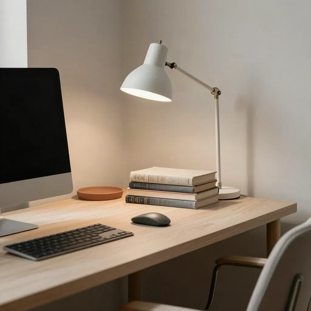 Clean writing desk with lamp, off monitor, stacked books, wrist rest and aligned chair in soft light.