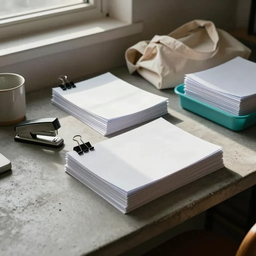 Overhead view of handout bundles, clips, stapler, mug, tote bag, and tray on concrete.