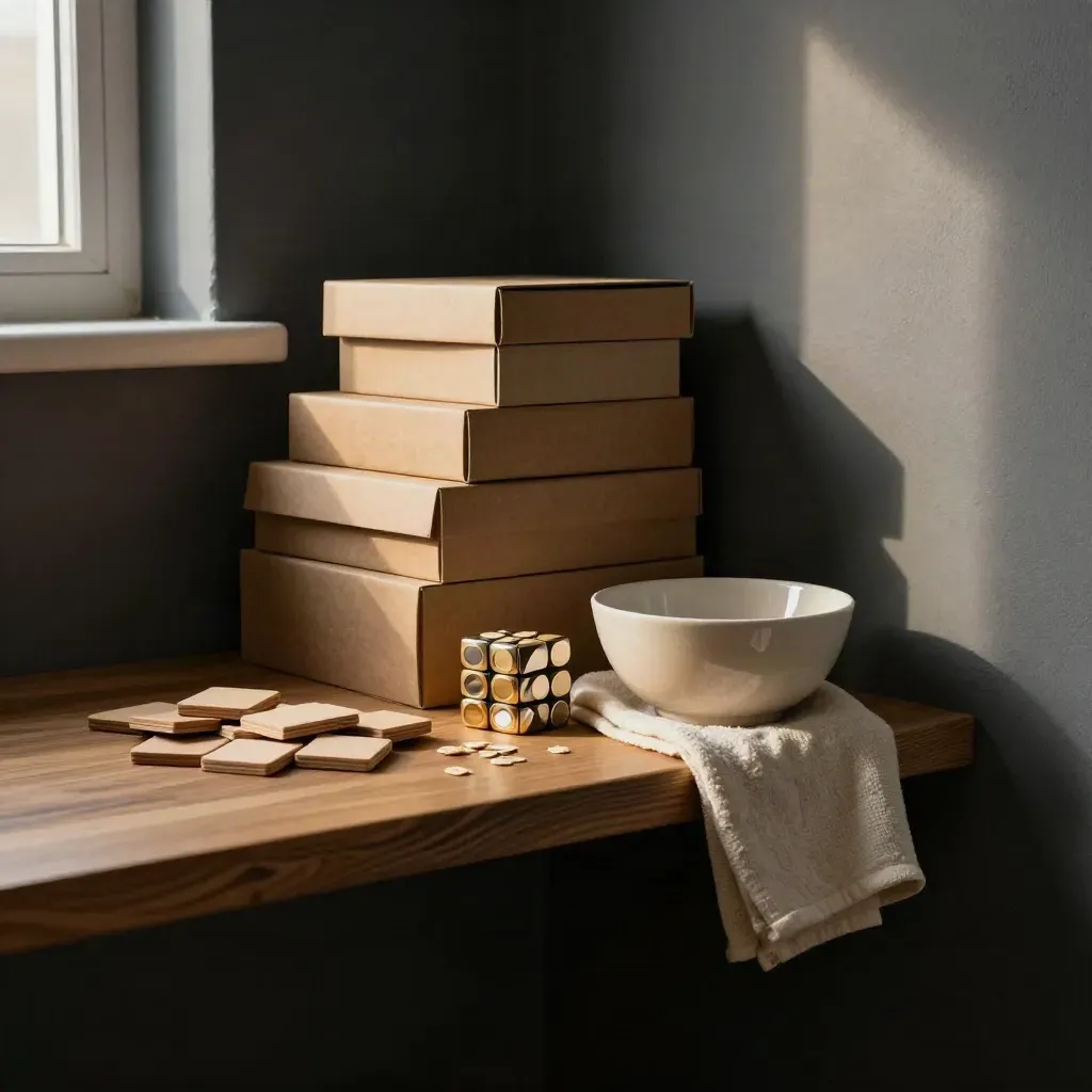 Puzzle boxes, wooden tiles and a brain-teaser cube on a cozy wall shelf in warm light.
