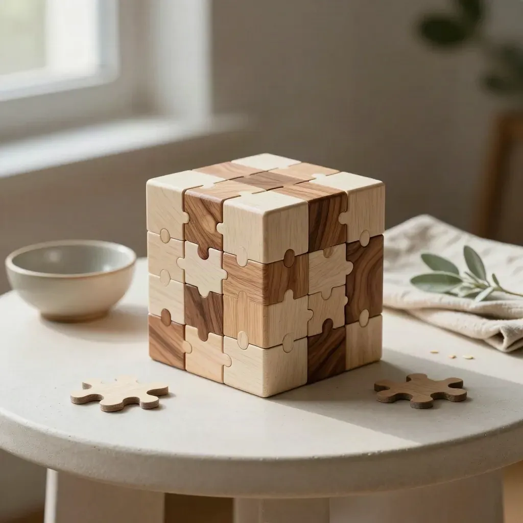 Wooden puzzle cube with jigsaw piece, bowl, cloth, and plant on a quiet side table.